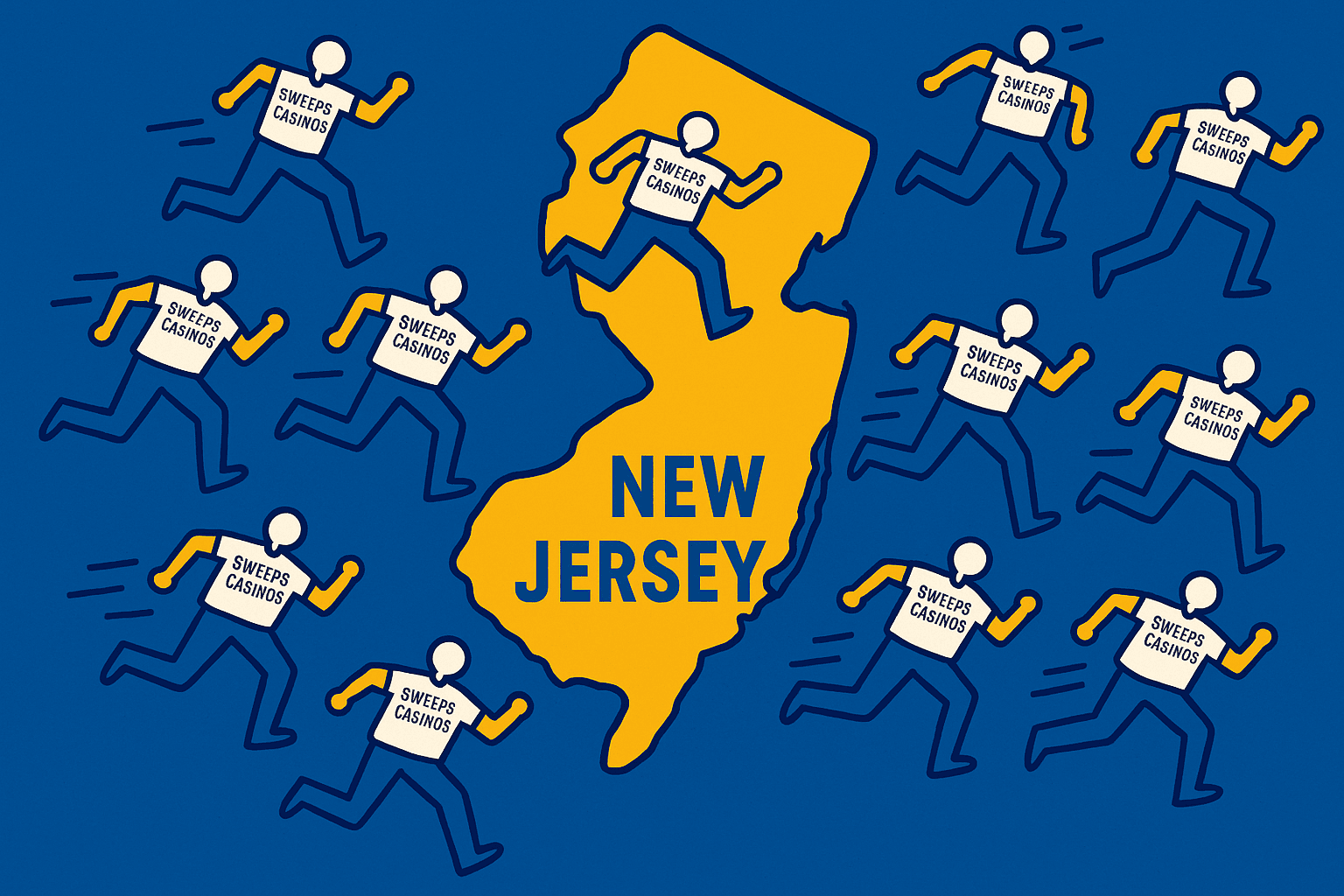 A realistic simple representation of an overhead shot of a New Jersey map featuring 10 stick figures wearing SWEEPS CASINOS shirts fleeing the state in multiple different directions using a vibrant yellow, blue, and white color scheme inspired by a cartoon-style design.