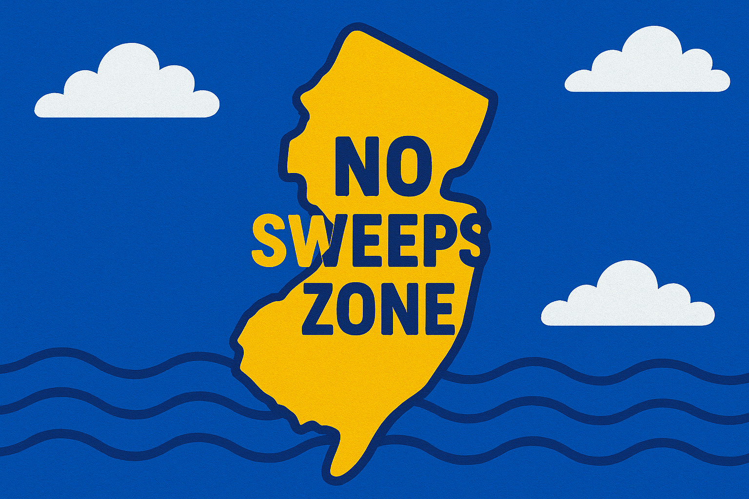 A realistic simple representation of a map of New Jersey that says NO SWEEPS ZONE inside of it with clouds and suggestion of waves in the background using a vibrant yellow, blue, and white color scheme inspired by a cartoon-style design.