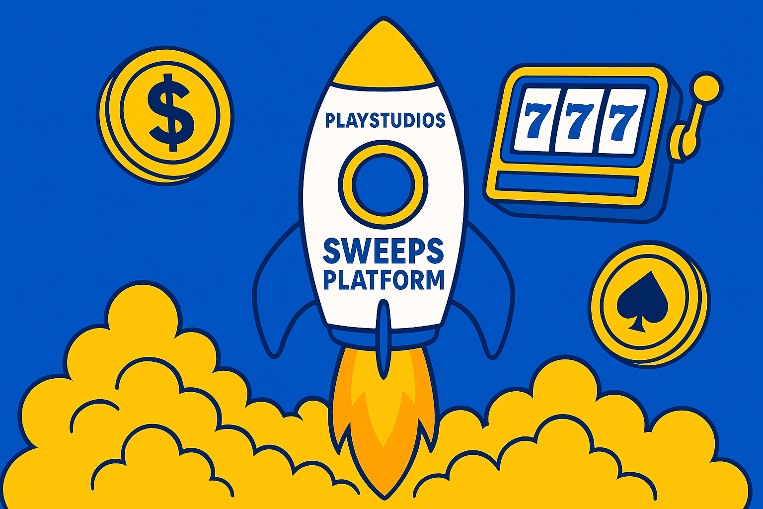 A realistic simple representation of a rocket taking off with PLAYSTUDIOS SWEEPS PLATFORM written on it using a vibrant yellow, blue, and white color scheme inspired by a cartoon-style design, with casino elements also present in the picture.