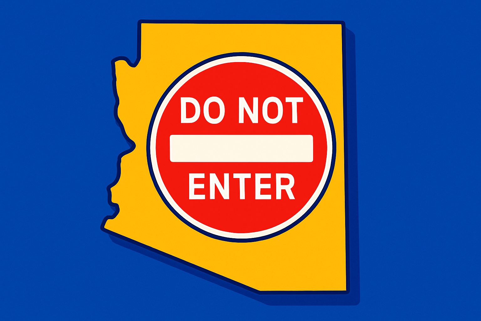 A realistic simple representation of a red DO NOT ENTER sign on a state outline of Arizona using a vibrant yellow, blue, and white color scheme inspired by a cartoon-style design.