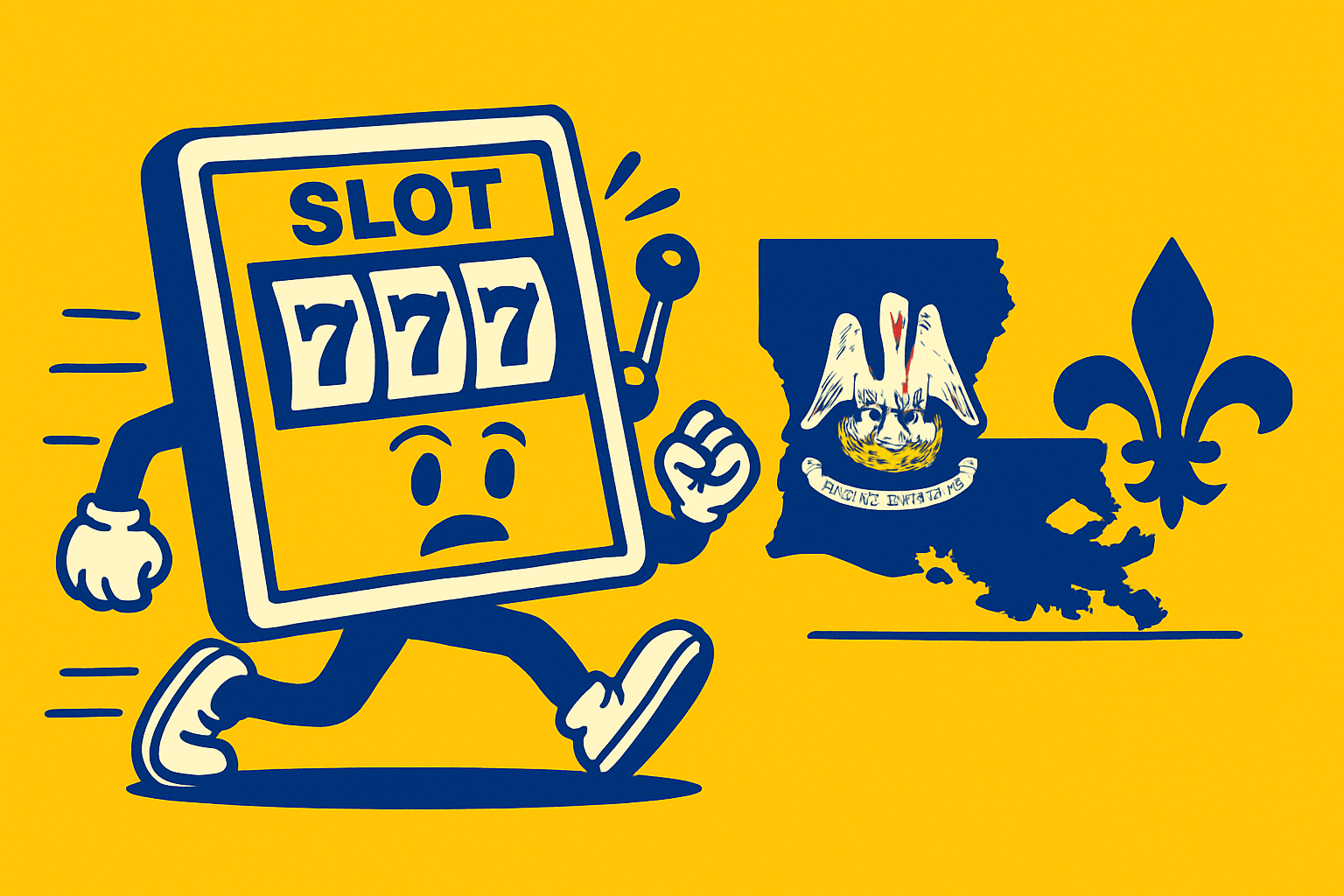 A realistic simple representation of a personified laptop showing an online slot machine game on its screen running away from symbols of Louisiana using a vibrant yellow, blue, and white color scheme inspired by a cartoon-style design.