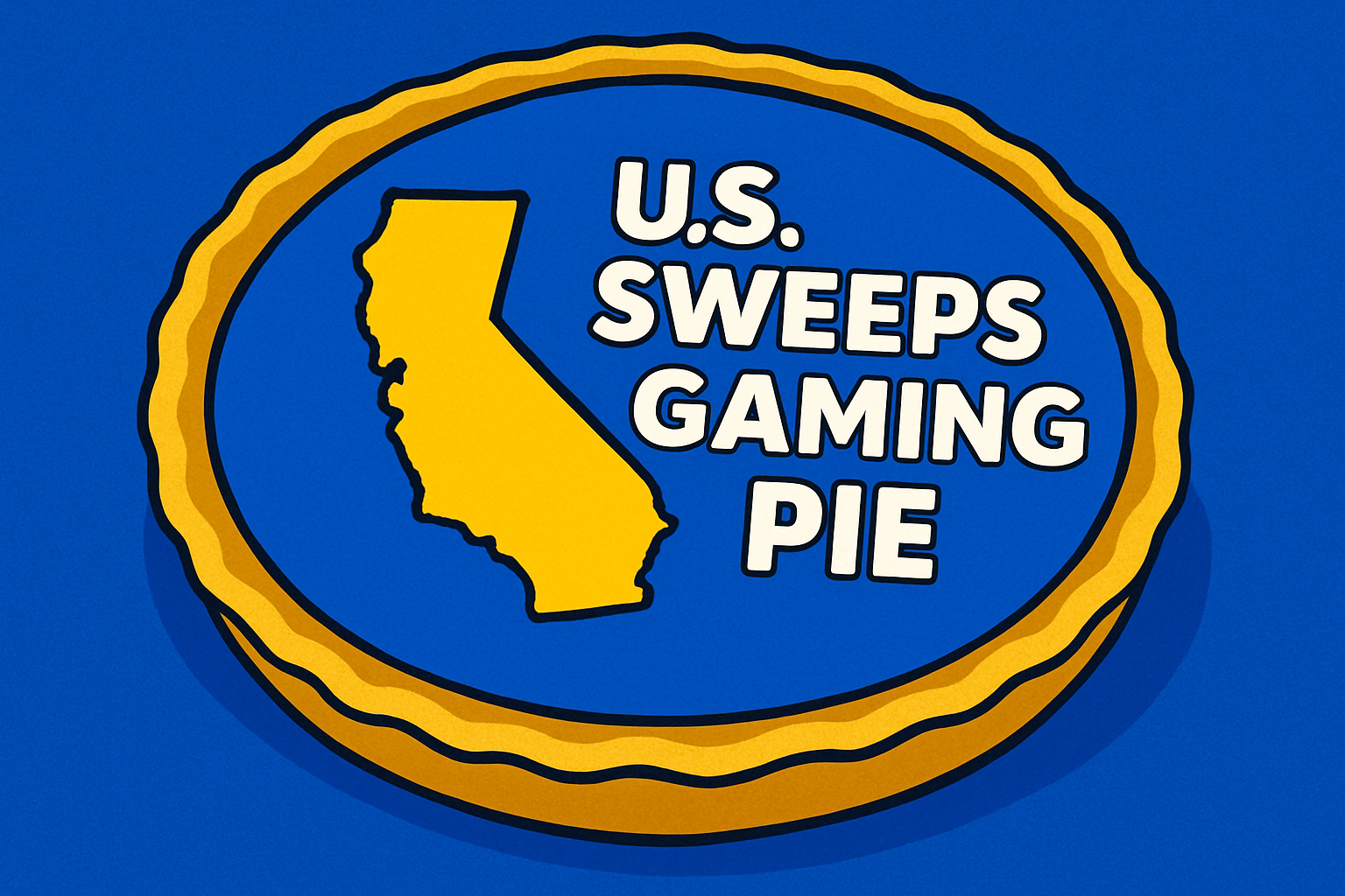 A realistic simple representation of a pie with a California shape on it and on the pie are the words U.S. SWEEPS GAMING PIE using a vibrant yellow, blue, and white color scheme inspired by a cartoon-style design.