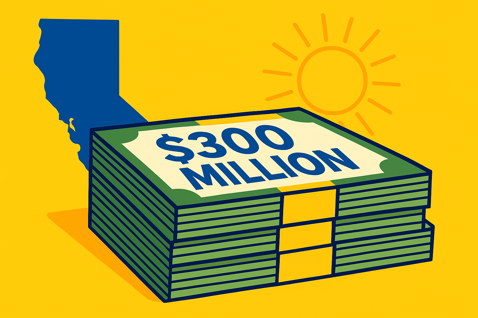 A realistic simple representation of a pile of money that has $300 MILLION written on it and there are symbols representing California in the background using a vibrant yellow, blue, and white color scheme inspired by a cartoon-style design.