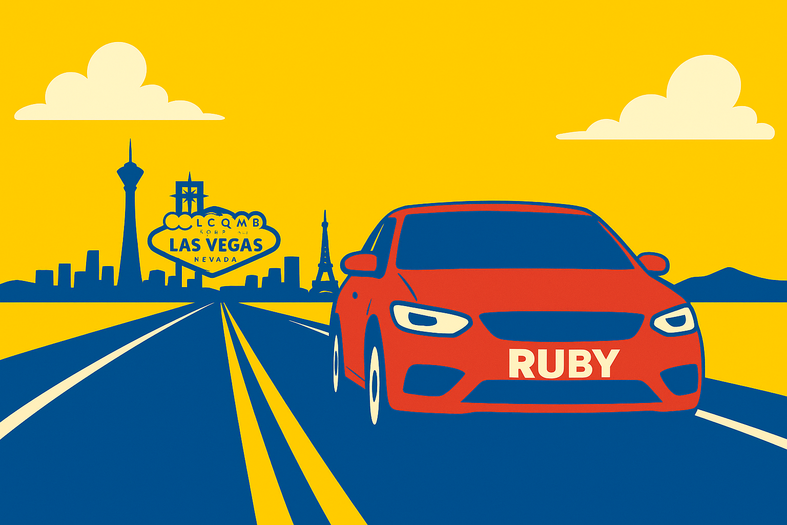 A realistic simple representation of a car with RUBY written on it driving away from Las Vegas, with the iconic skyline on the horizon as the car cruises down the interstate using a vibrant yellow, blue, and white color scheme inspired by a cartoon-style design.