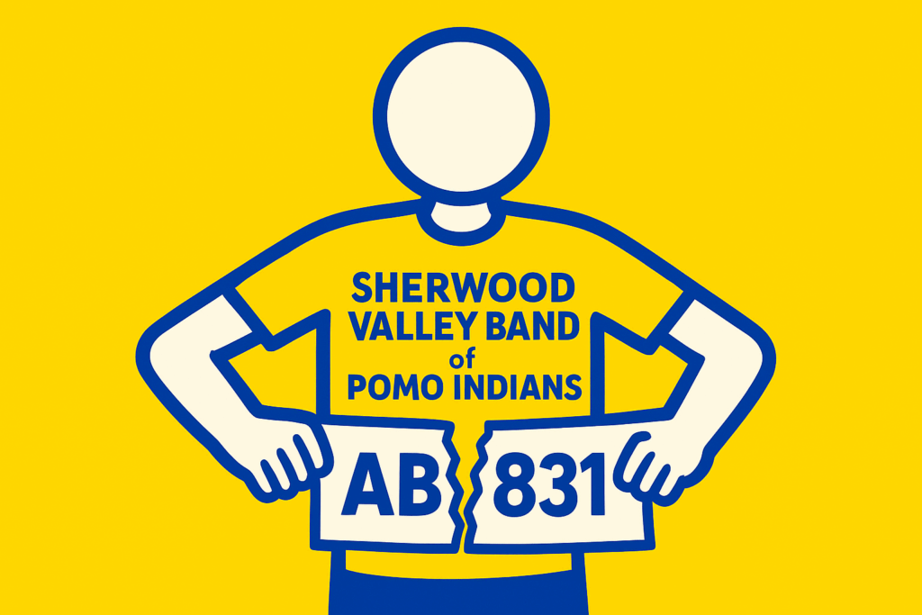 A realistic simple representation of a stick figure ripping a paper that says AB831 in half, and that stick figure is wearing a shirt that says SHERWOOD VALLEY BAND OF POMO INDIANS, using a vibrant yellow, blue, and white color scheme inspired by a cartoon-style design.