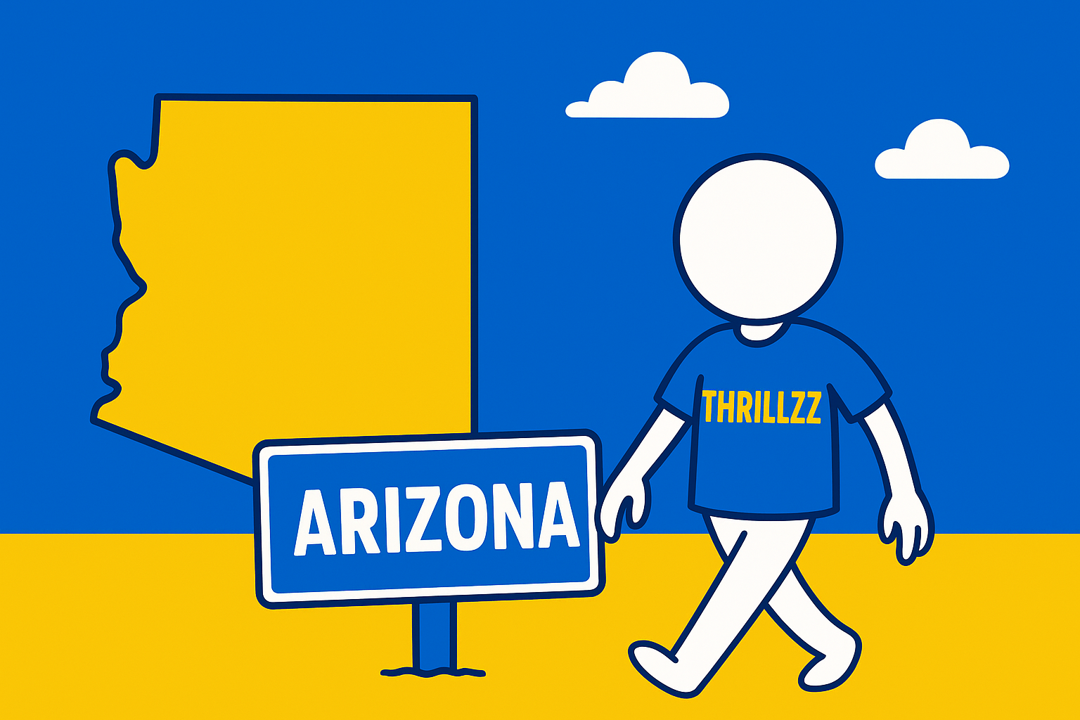 A realistic simple representation of a stick figure wearing a shirt that says THRILLZZ walking next to an Arizona outline and an ARIZONA sign in the ground using a vibrant yellow, blue, and white color scheme inspired by a cartoon-style design.