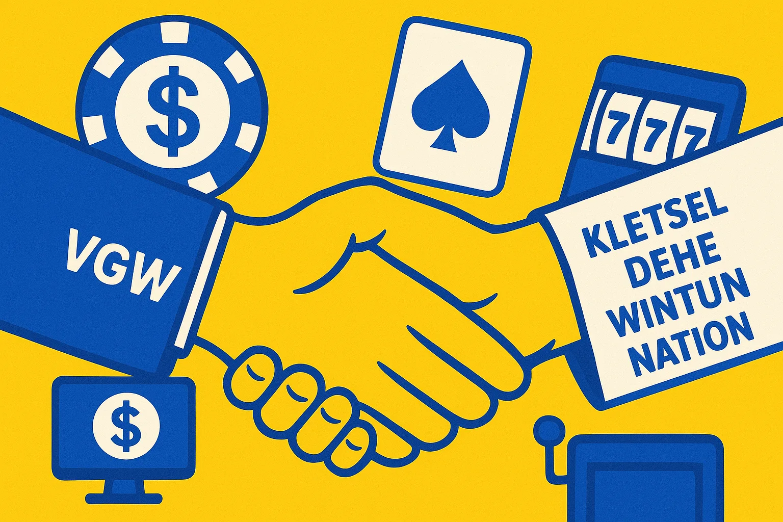 A realistic simple representation of a handshake with one hand saying VGW and the other saying KLETSEL DEHE WINTUN NATION using a vibrant yellow, blue, and white color scheme inspired by a cartoon-style design.