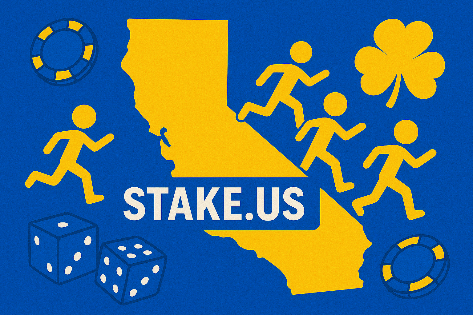 A realistic simple representation of an aerial shot of stick figures leaving a California state outline with the word STAKE.US inside of it using a vibrant yellow, blue, and white color scheme inspired by a cartoon-style design. The image features online casino elements.