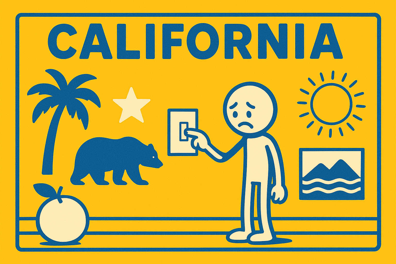 A realistic simple representation of a stick figure sadly turning the lights off in a room full of California symbols using a vibrant yellow, blue, and white color scheme inspired by a cartoon-style design.