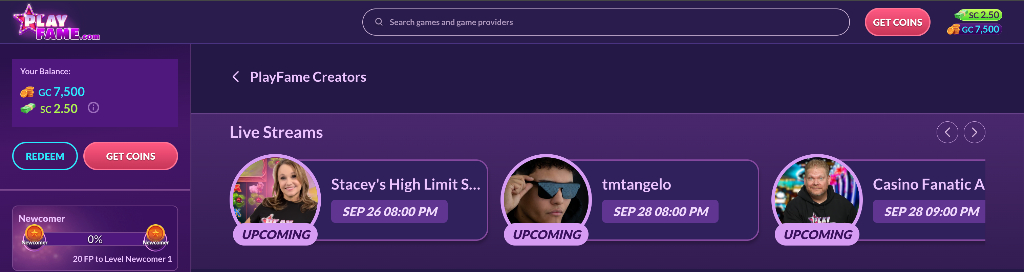 PlayFame Casino live streamers