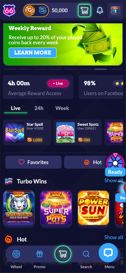 Sixty6 Casino homescreen