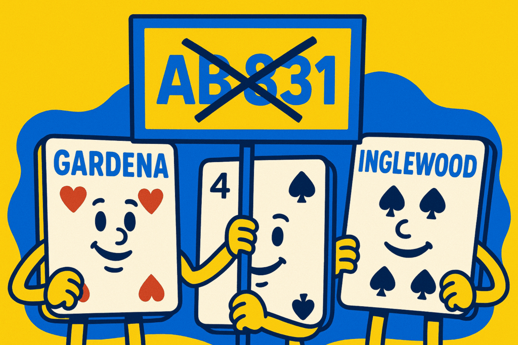 A realistic simple representation of three poker cards — one with GARDENA written on it and one with INGLEWOOD written on it — holding up a sign at a rally that say have AB 831 with an X through it using a vibrant yellow, blue, and white color scheme inspired by a cartoon-style design.