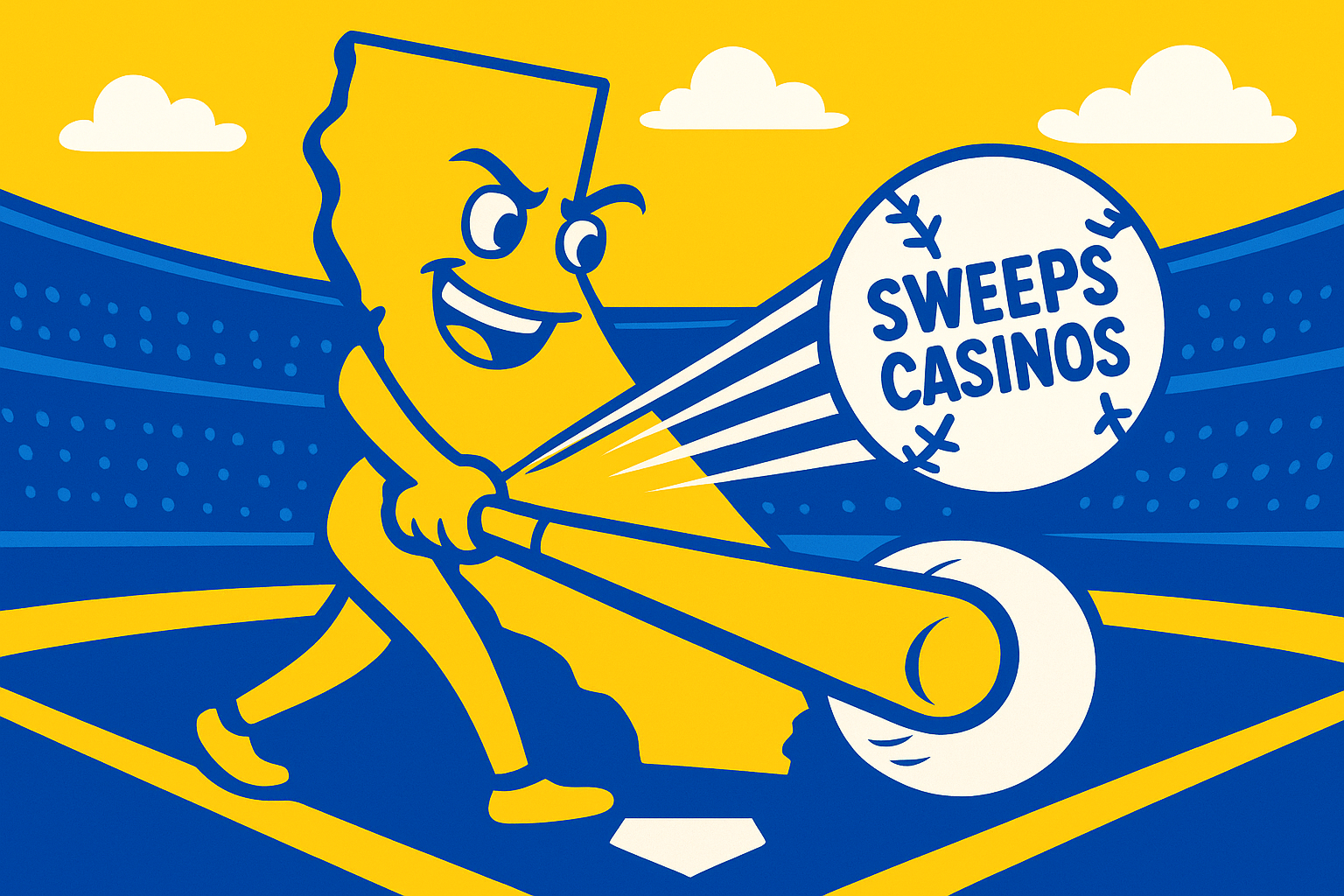 A realistic simple representation of a personified outline of California swinging a baseball bat that's hitting a baseball with SWEEPS CASINOS written on it for a home run using a vibrant yellow, blue, and white color scheme inspired by a cartoon-style design.