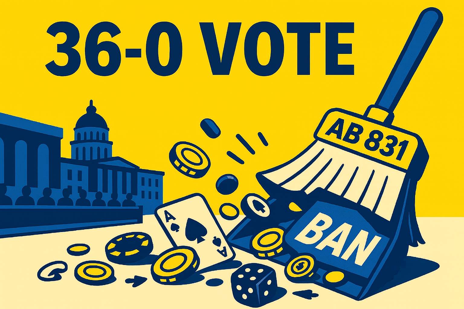 California votes 36-0 on sweeps bill. AB 831 moves to Governmental Organization Committee