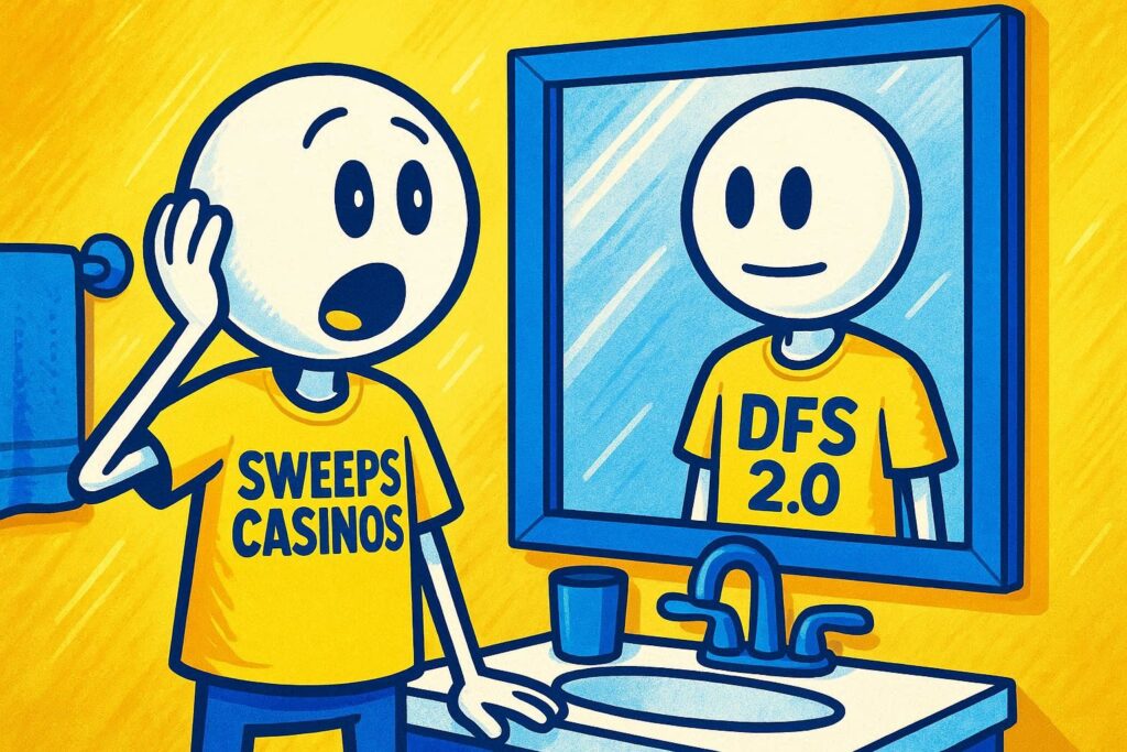A surprised stick figure wearing a SWEEPS CASINOS shirt looking into a mirror and seeing a different stick figure wearing a DFS 2.0 shirt in the reflection using a vibrant yellow, blue, and white color scheme inspired by a cartoon-style design.