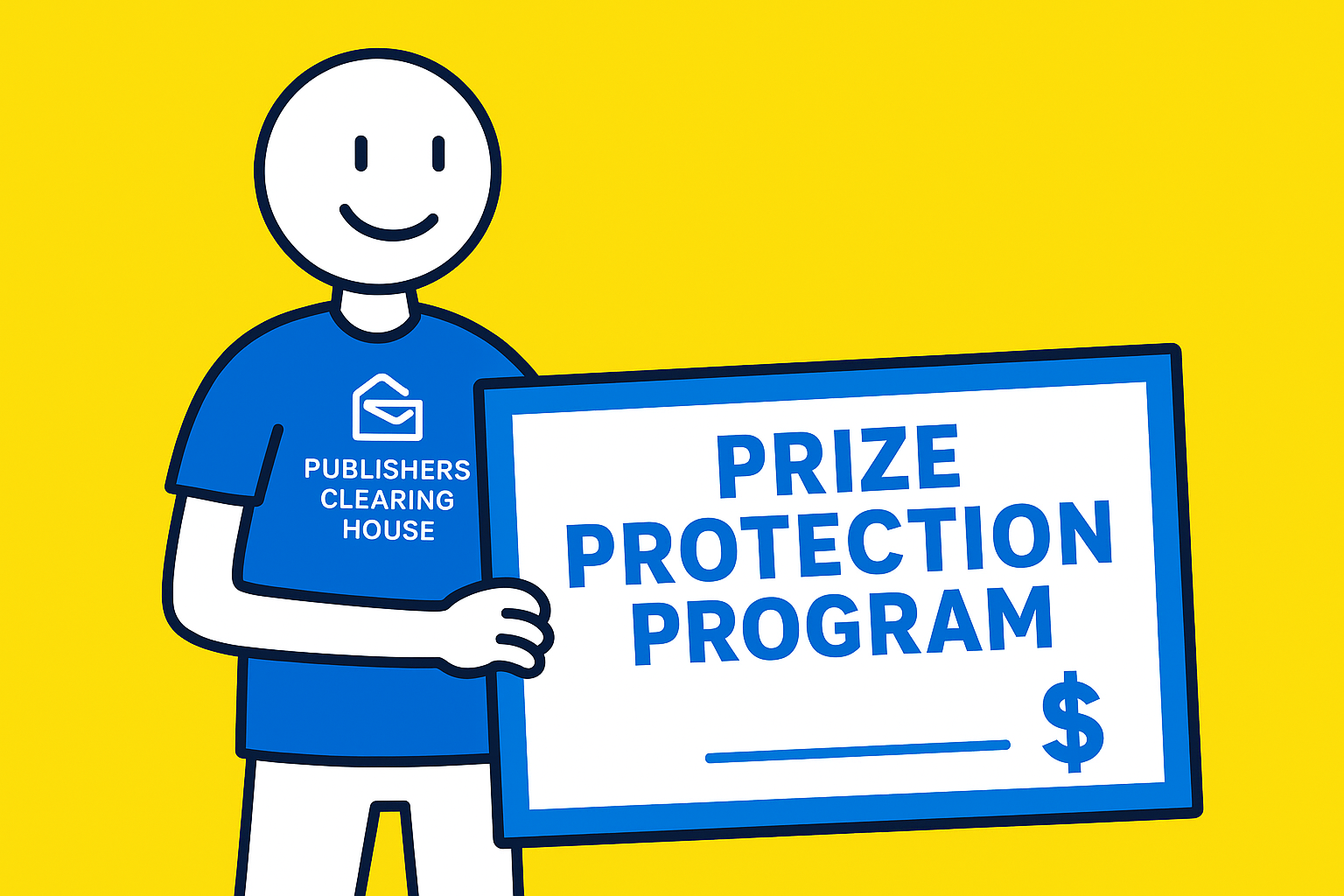 A realistic simple representation of stick figure wearing a PUBLISHERS CLEARING HOUSE shirt holding a giant check that says PRIZE PROTECTION PROGRAM using a vibrant yellow, blue, and white color scheme inspired by a cartoon-style design.