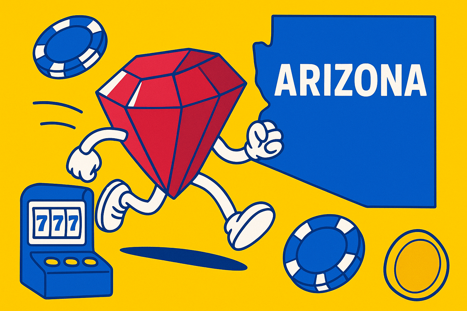 A realistic simple representation of a ruby with legs running out of Arizona using a vibrant yellow, blue, and white color scheme inspired by a cartoon-style design. The image features online casino elements.