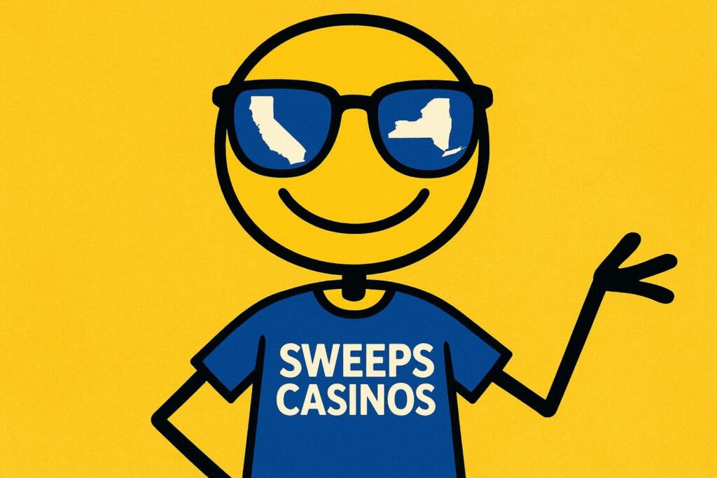A realistic simple representation of a stick figure in a SWEEPS CASINOS shirt wearing sunglasses with the outline of New York on one lens and the outline of California on the other lens using a vibrant yellow, blue, and white color scheme inspired by a cartoon-style design.