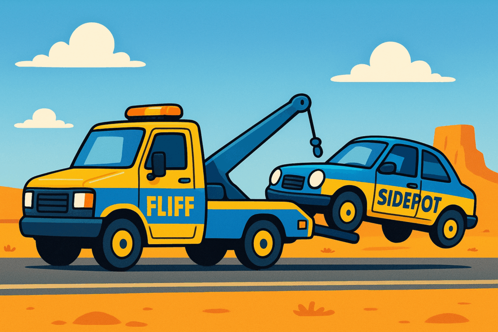 A realistic simple representation of a tow truck with FLIFF written on the side towing a car with SIDEPOT written on the side out of Arizona using a vibrant yellow, blue, and white color scheme inspired by a cartoon-style design.