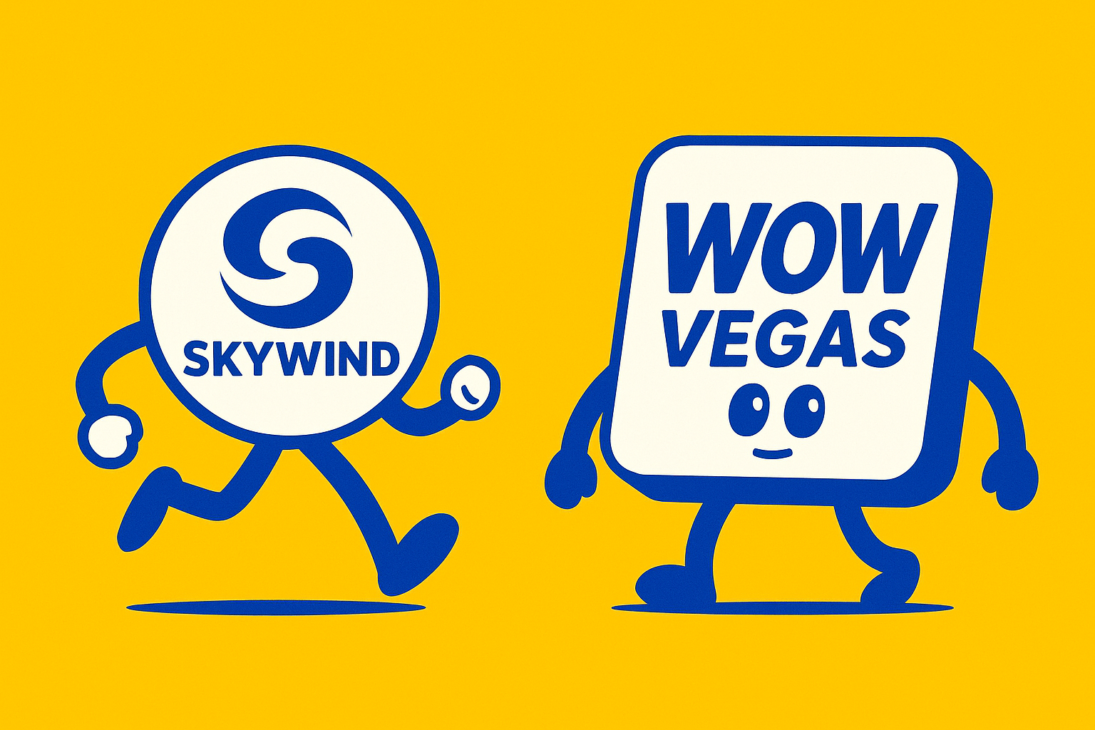 A realistic simple representation of the Skywind Group logo running near the WOW Vegas logo using a vibrant yellow, blue, and white color scheme inspired by a cartoon-style design.