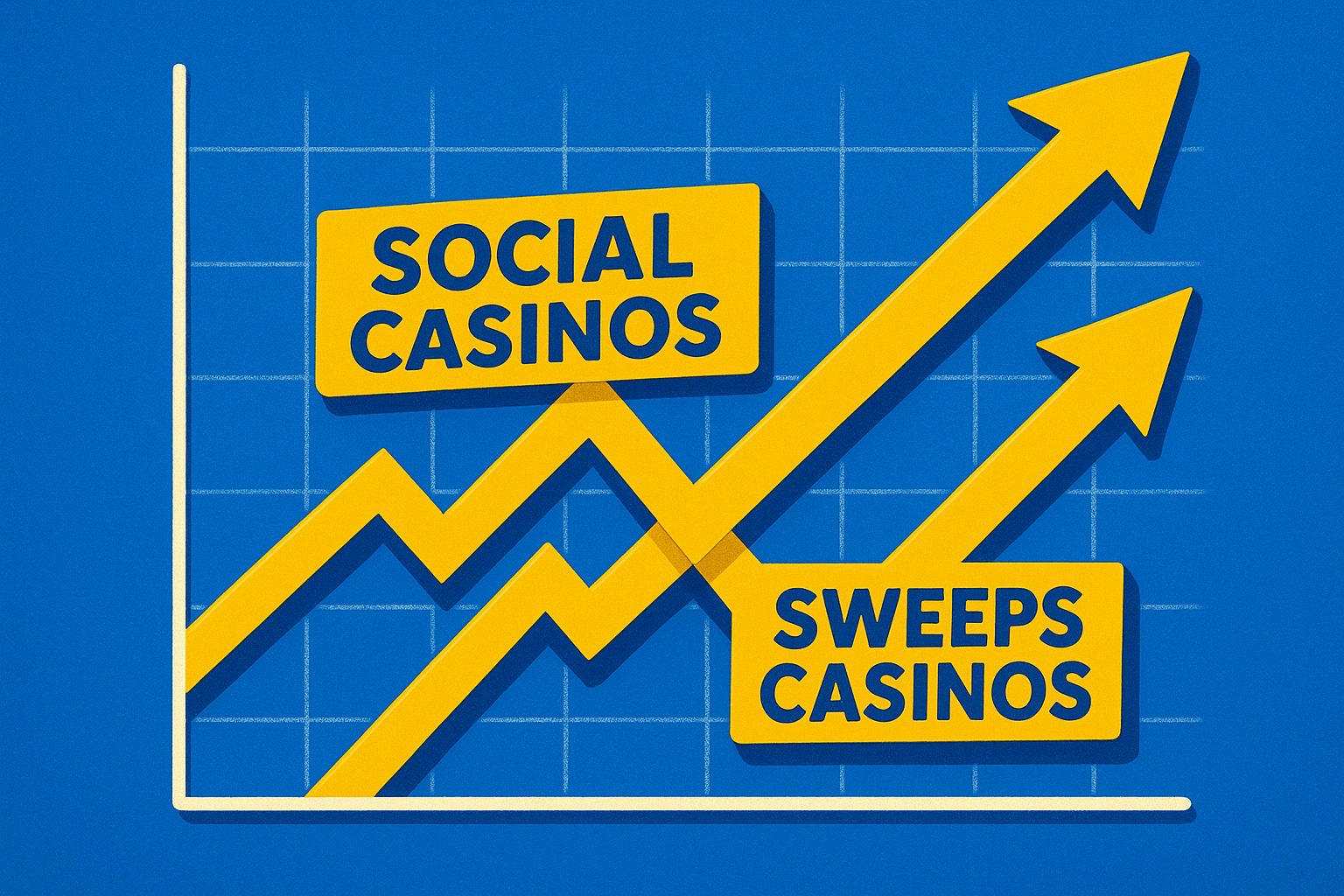 A realistic simple representation of two arrows on a line graph crossing over each other — but both are on an upward trajectory — and one is labeled SWEEPS CASINOS and the other is labeled SOCIAL CASINOS using a vibrant yellow, blue, and white color scheme inspired by a cartoon-style design.