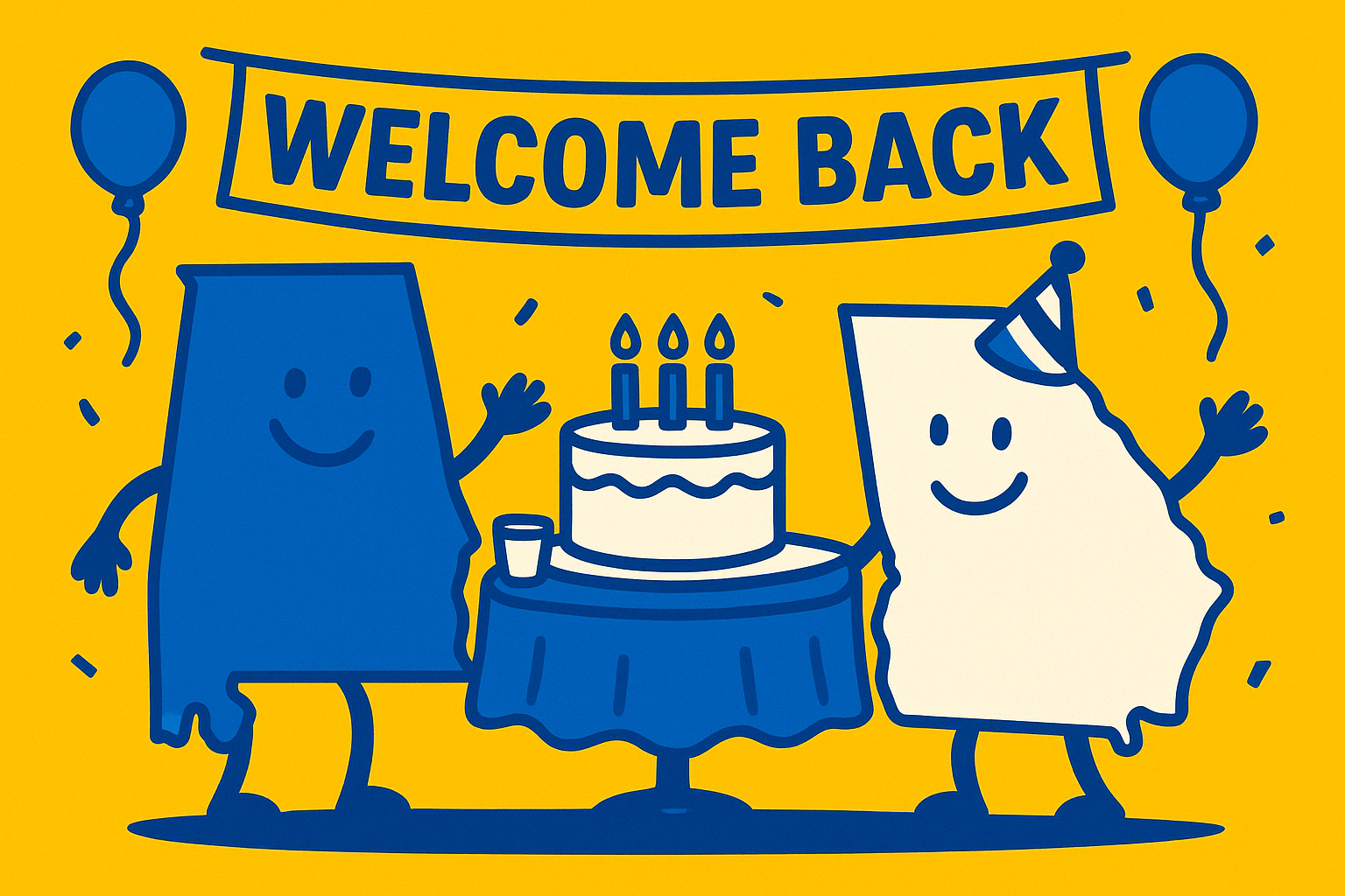 A realistic simple representation of a welcome back party being thrown for personified state outlines of Alabama and Georgia using a vibrant yellow, blue, and white color scheme inspired by a cartoon-style design.
