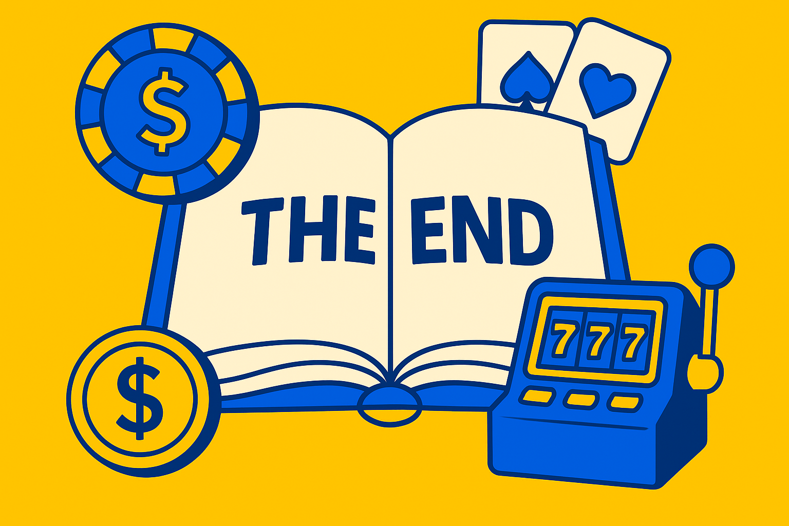 A realistic simple representation of the last page of a book with the words THE END written on the final using a vibrant yellow, blue, and white color scheme inspired by a cartoon-style design. There are online casino elements included in the image.