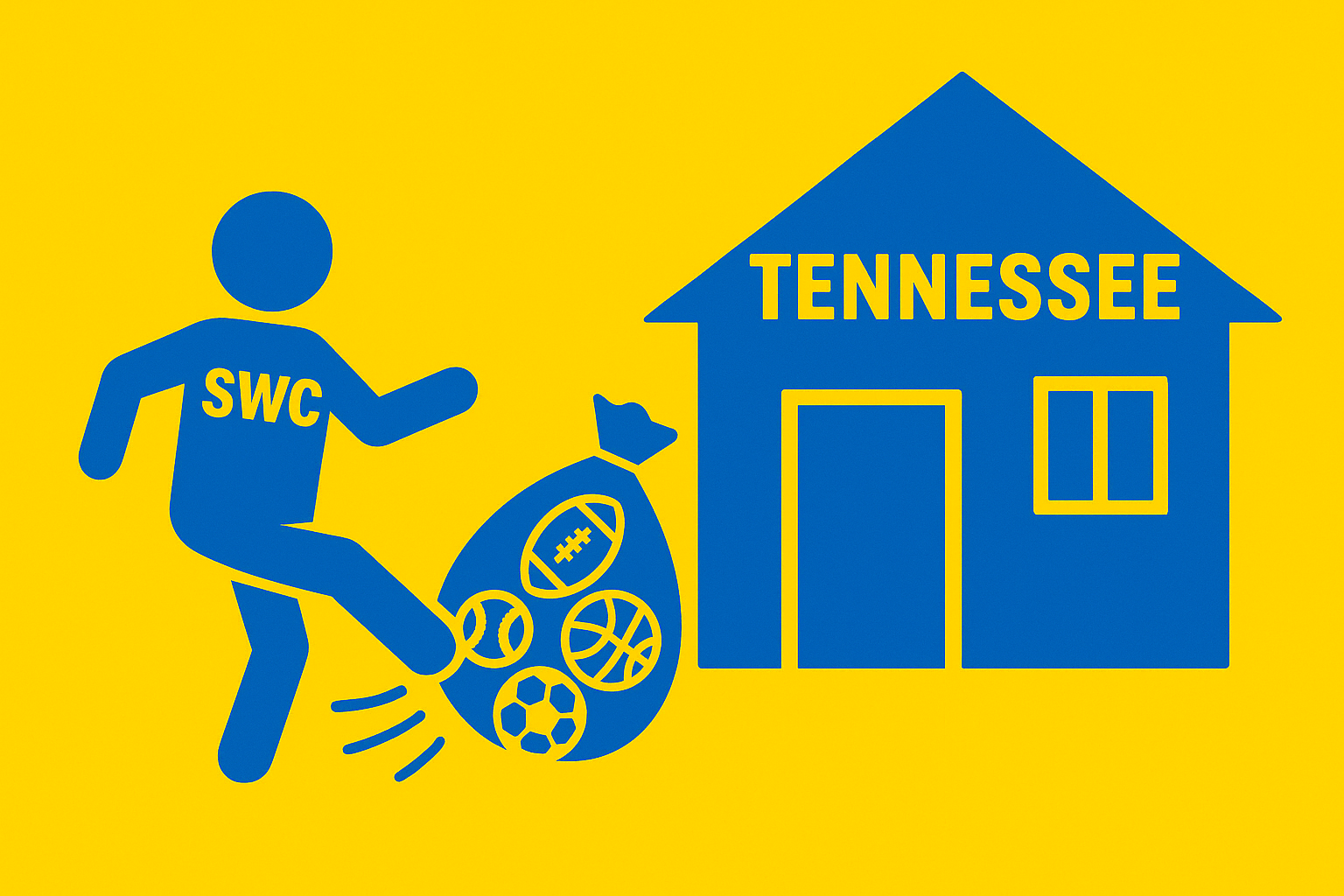A realistic simple representation of a stick figure wearing a SWC shirt kicking a bag holding a football, baseball, basketball, and soccer ball out of his house, which has TENNESSEE written on it, using a vibrant blue, yellow, and white color scheme inspired by a cartoon-style design.