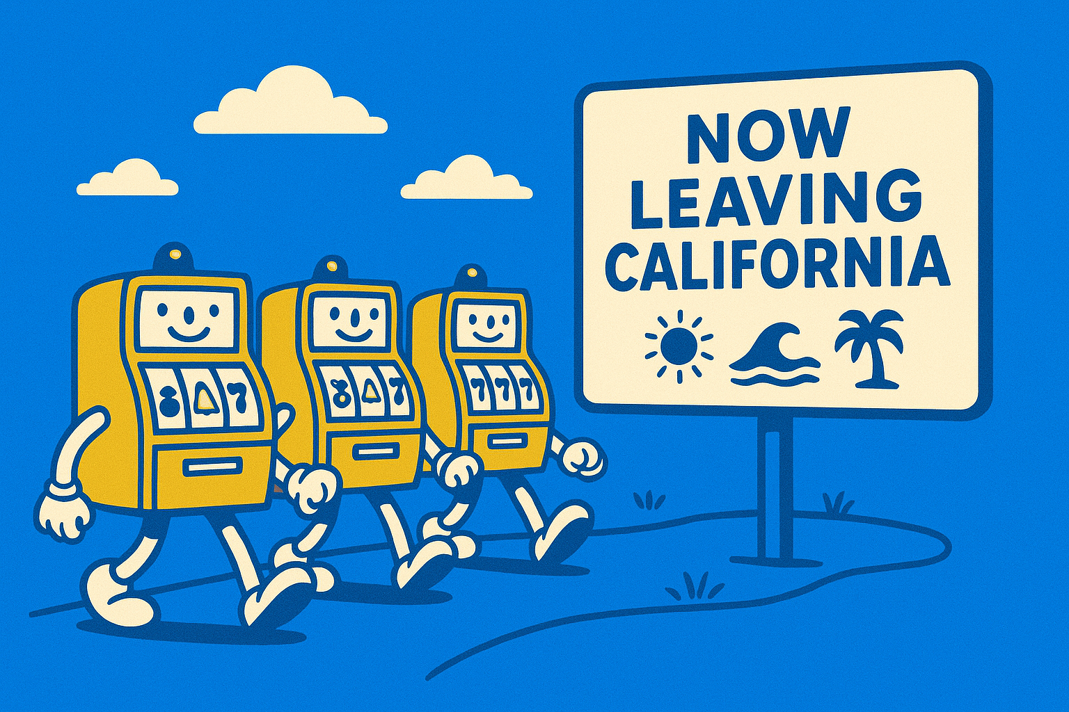 A realistic simple representation of a group of personified slot machines with arms and legs walking on a path next to a sign that says NOW LEAVING CALIFORNIA, and the sign also has symbols representing California, using a vibrant yellow, blue, and white color scheme inspired by a cartoon-style design.