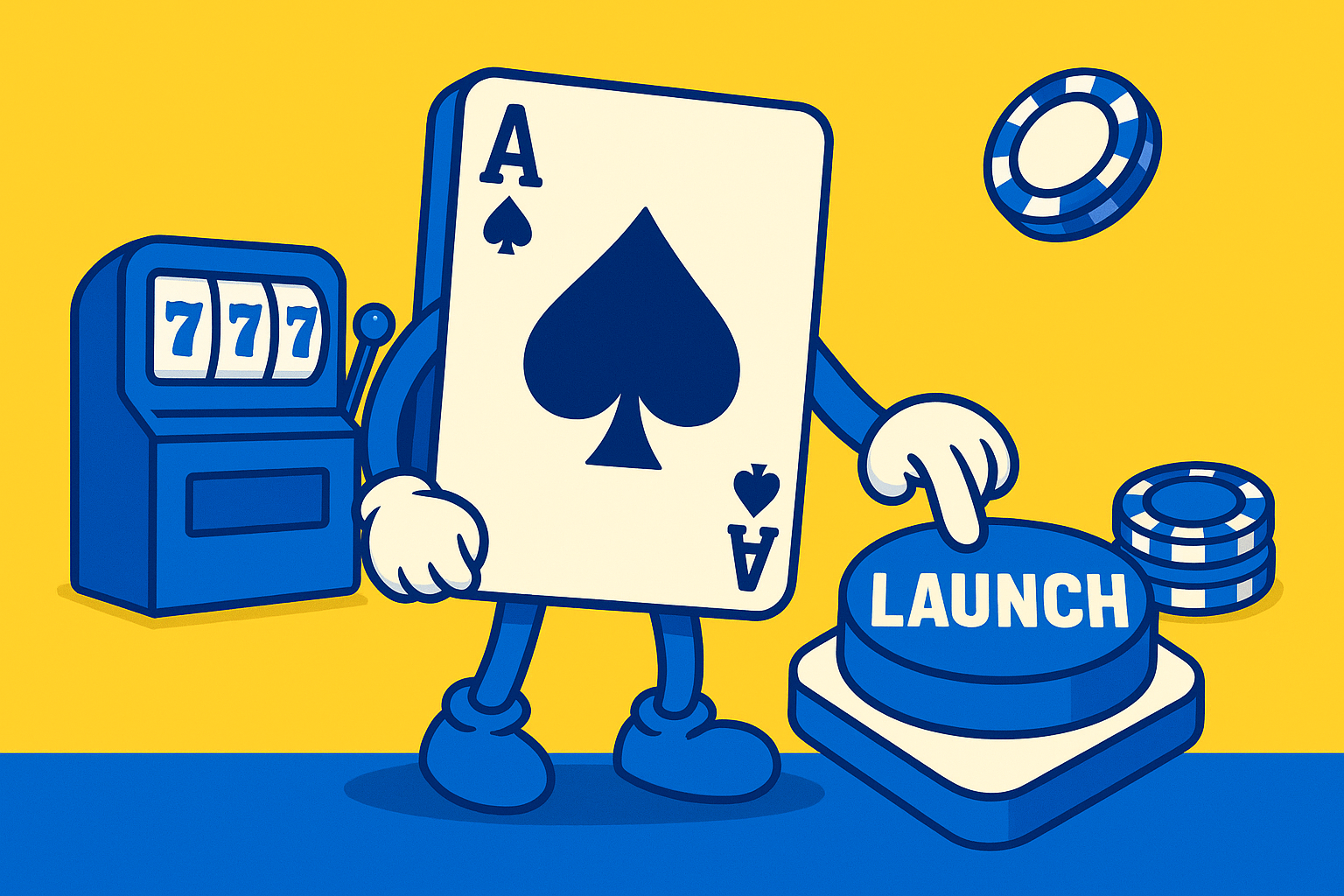 A realistic simple representation of a personified ace of spades card with arms and legs pressing a button that says LAUNCH using a vibrant yellow, blue, and white color scheme inspired by a cartoon-style design.