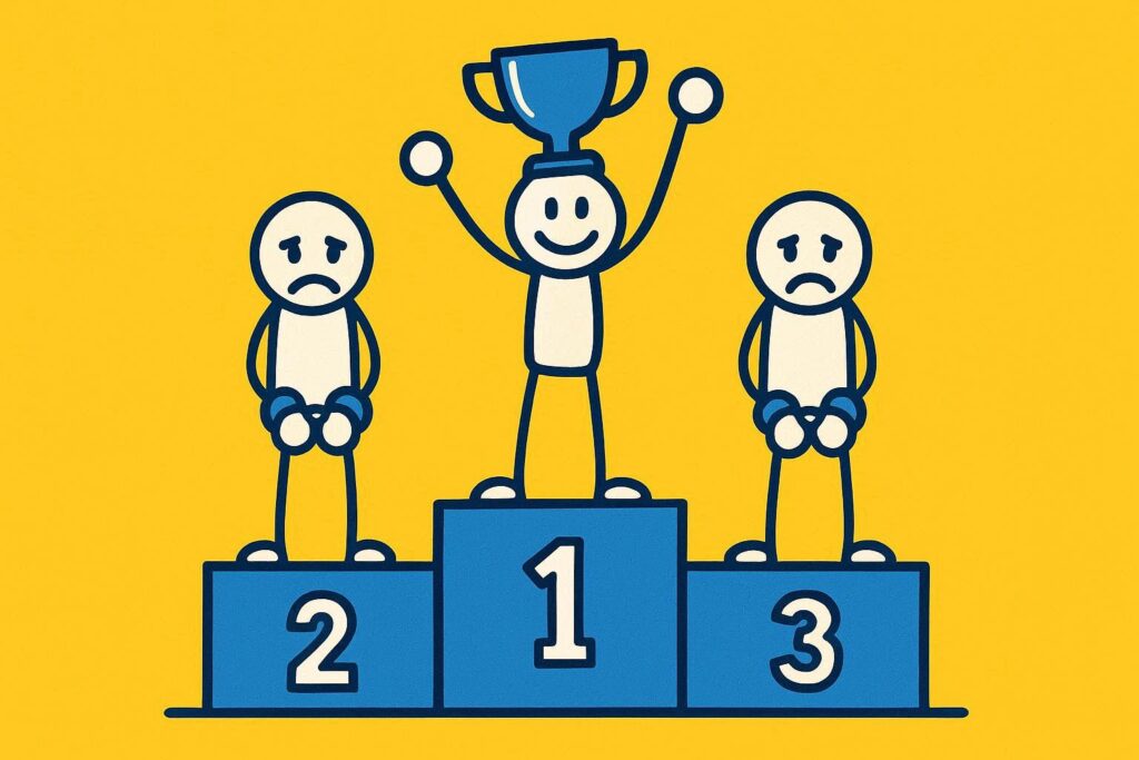 A realistic simple representation of three stick figures standing on an award podium, with the first place winner in the middle on a higher level than the other two, and the first-place winner is happy and holding a trophy while the other two are frowning and have their hands in front of them in handcuffs, using a vibrant yellow, blue, and white color scheme inspired by a cartoon-style design.