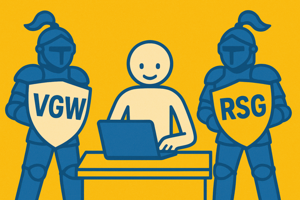 A realistic simple representation of a stick figure on their laptop while being guarded by knights with shields that say VGW RSG using a vibrant yellow, blue, and white color scheme inspired by a cartoon-style design
