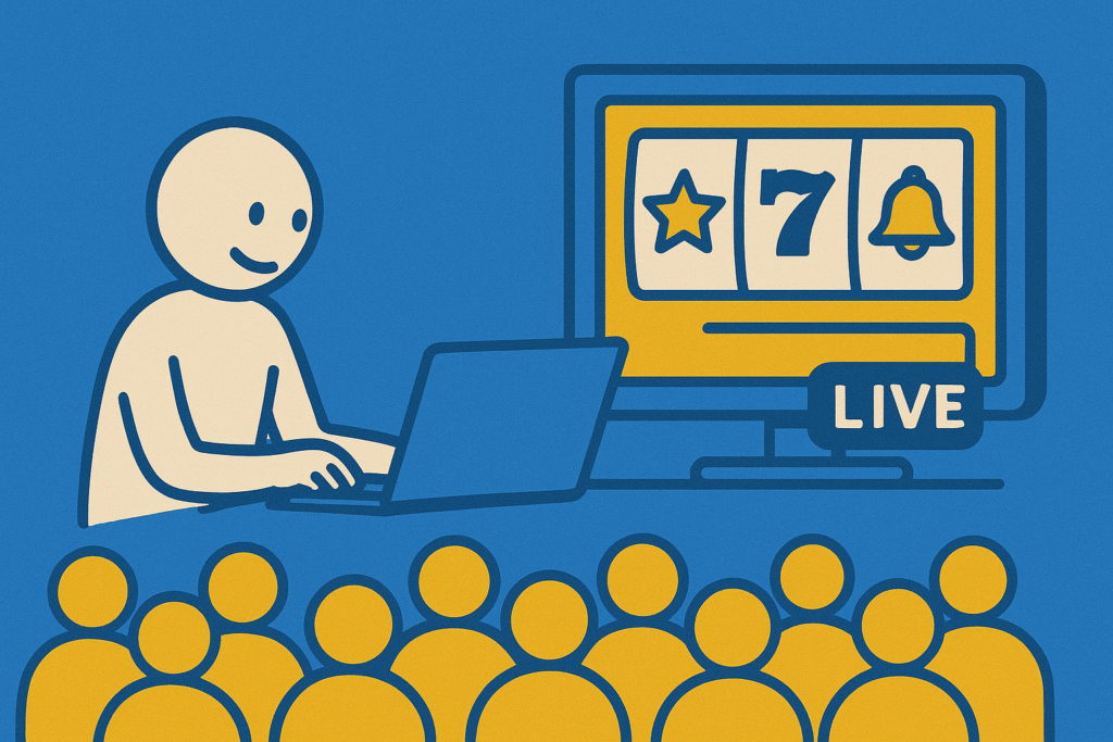 A realistic simple representation of a stick figure playing online slot games during a live YouTube stream for a large audience using a vibrant blue, yellow, and white color scheme inspired by a cartoon-style design.