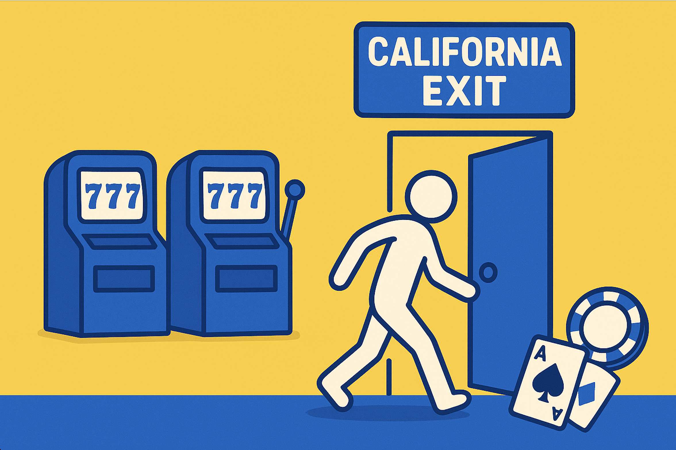 A realistic simple representation of a stick figure leaving a room with slot machines in it through a door that says CALIFORNIA EXIT above it using a vibrant yellow, blue, and white color scheme inspired by a cartoon-style design.
