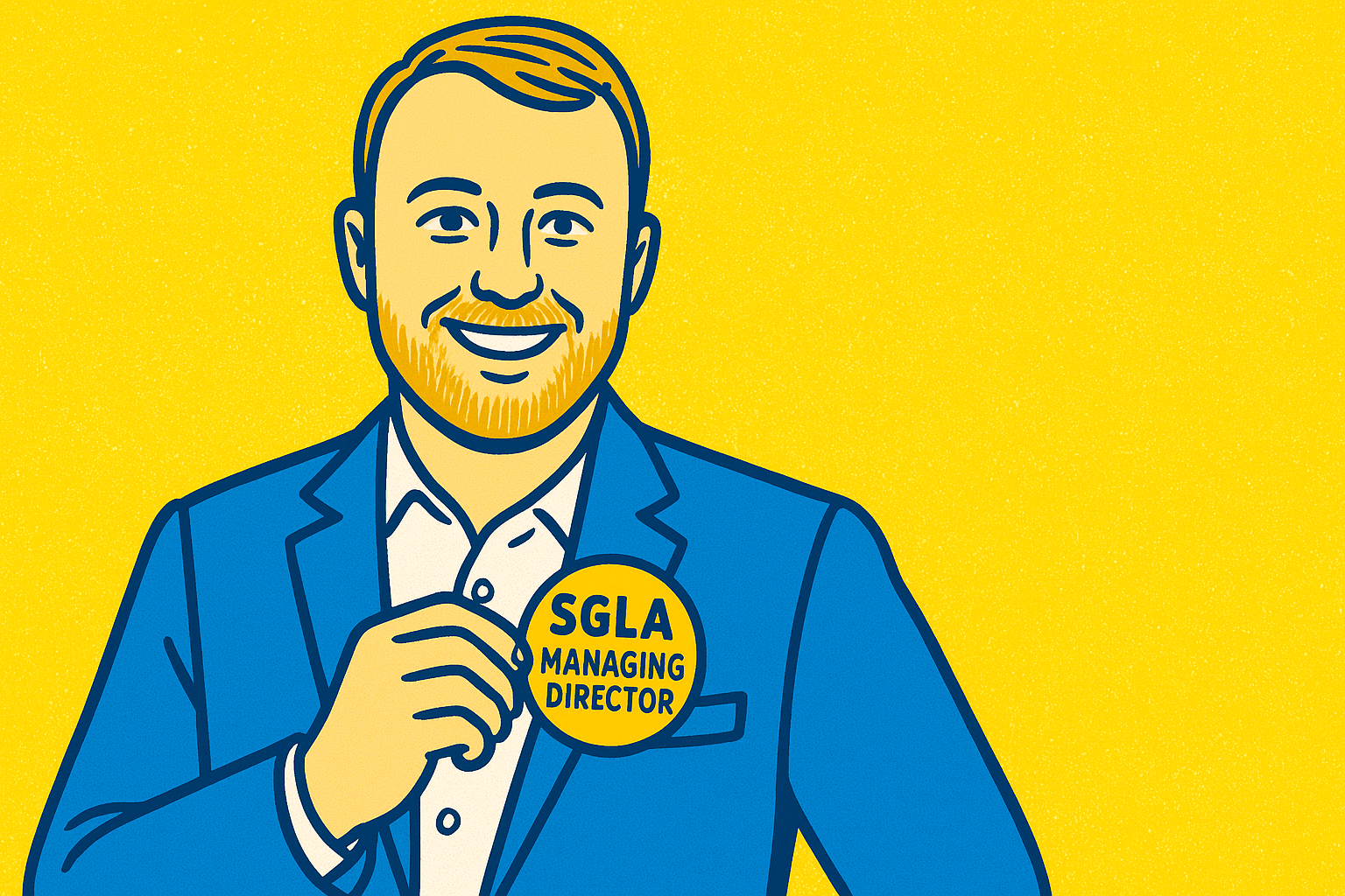 A realistic cartoon representation of Sean Ostrow smiling as he puts on a badge that says SGLA MANAGING DIRECTOR using a vibrant yellow, blue, and white color scheme inspired by a cartoon-style design.