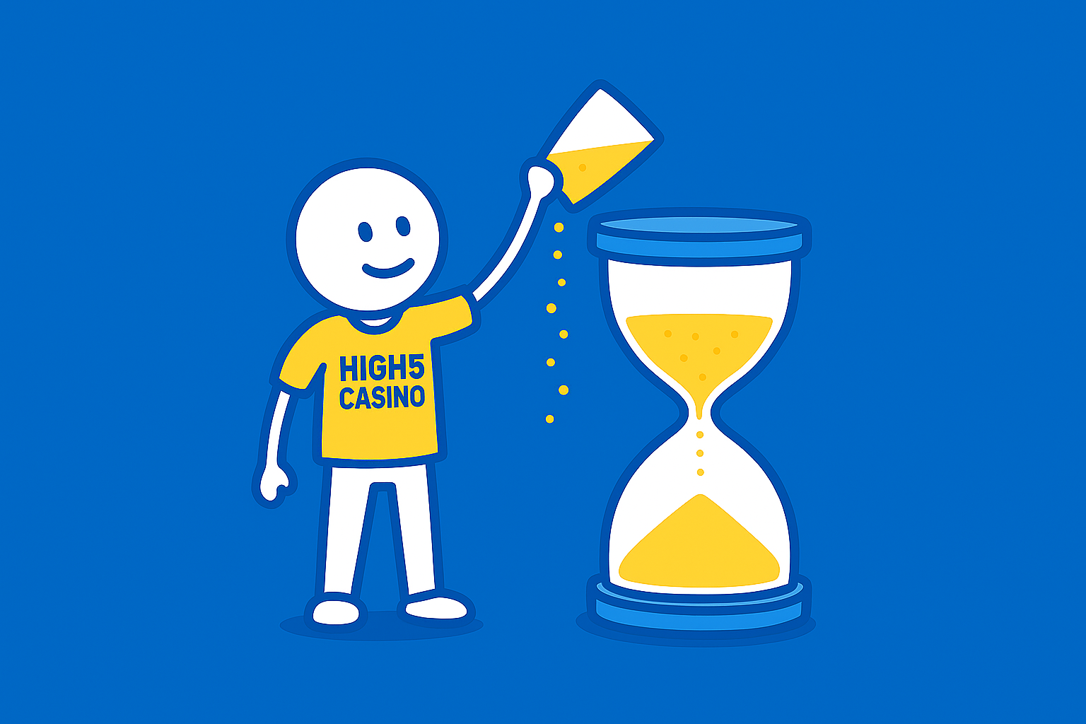 A realistic simple representation of a stick figure wearing a HIGH 5 CASINO shirt pouring more sand into a large hourglass using a vibrant yellow, blue, and white color scheme inspired by a cartoon-style design.