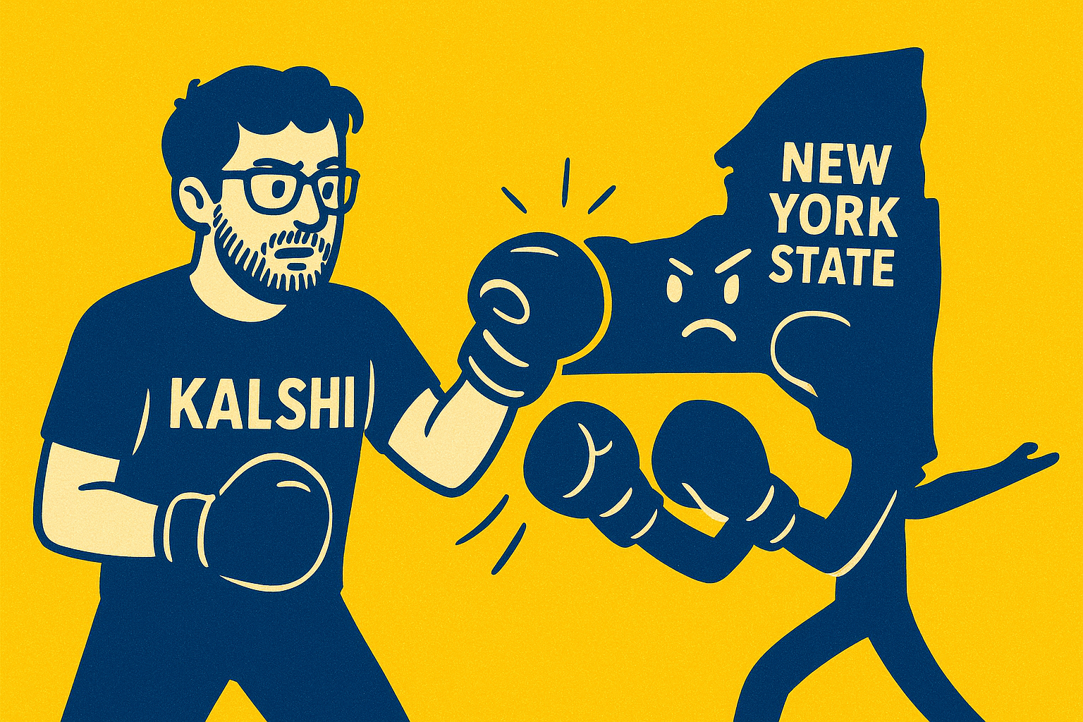 A realistic simple representation of Kalshi CEO Tarek Mansour fighting a boxing match against a personified state outline of New York with NEW YORK STATE written on it using a vibrant yellow, blue, and white color scheme inspired by a cartoon-style design.