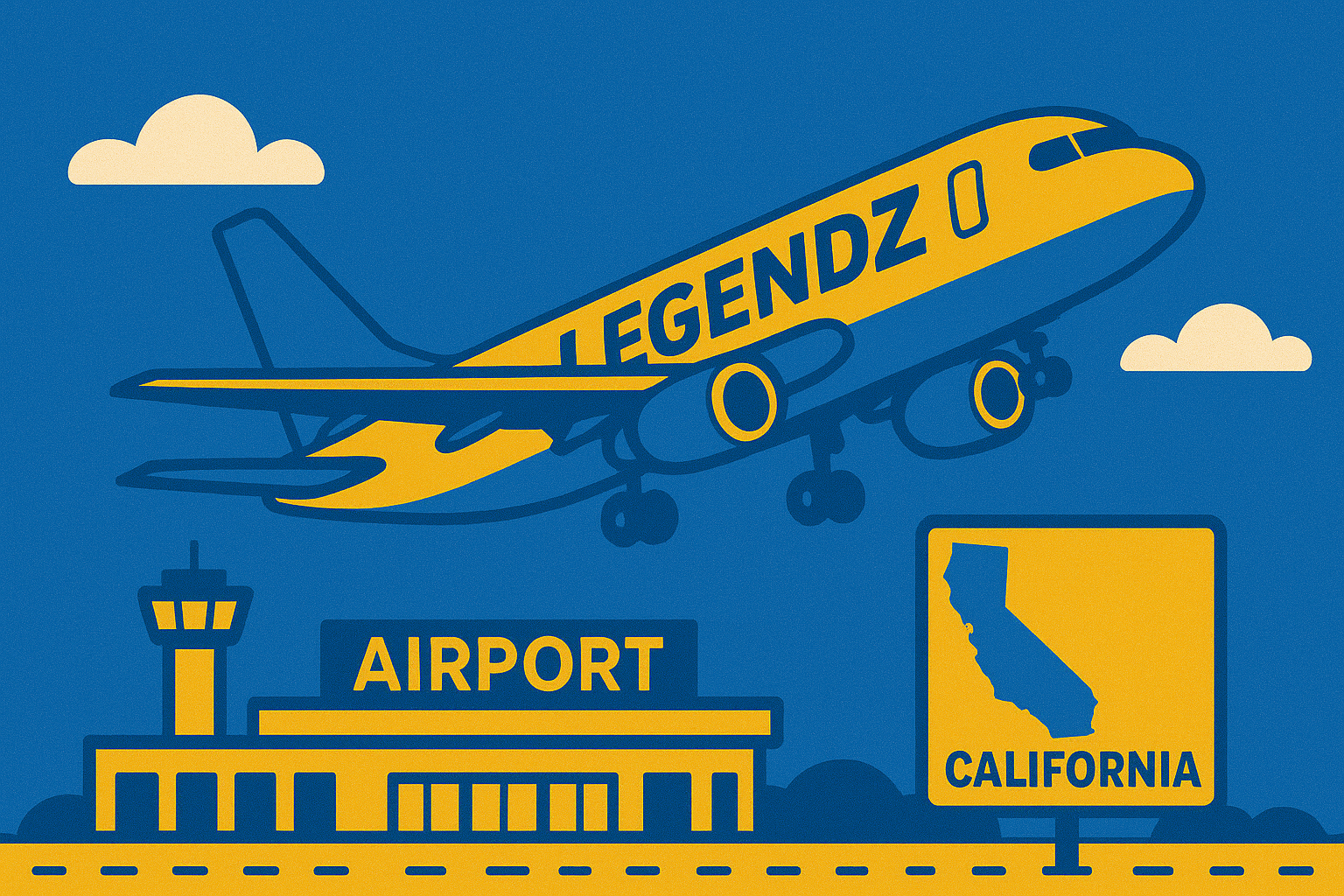 A realistic simple representation of an airplane with LEGENDZ written on it taking off and leaving an airport located in California using a vibrant yellow, blue, and white color scheme inspired by a cartoon-style design.