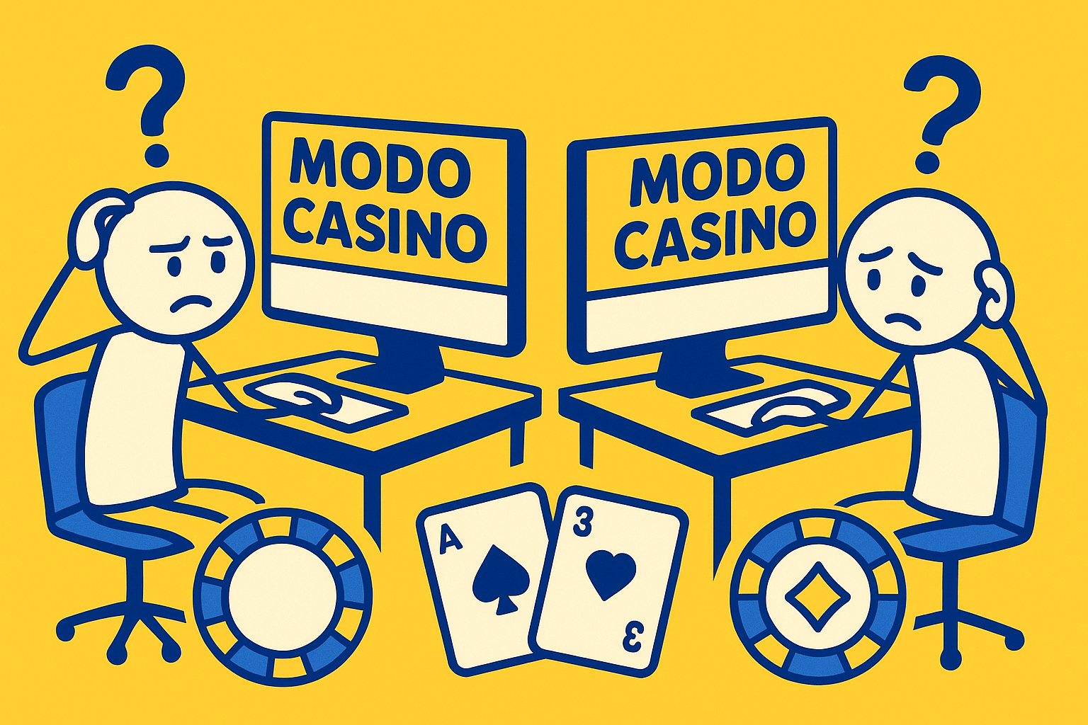A realistic simple representation of two confused stick figures sitting at computers that say MODO CASINO.