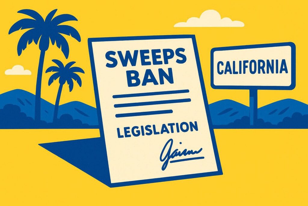 A realistic simple representation of a piece of legislation called SWEEPS BAN with a signature on it, with California imagery prominent in the picture, using a vibrant yellow, blue, and white color scheme inspired by a cartoon-style design. I only want to use yellow, blue, and white as colors.