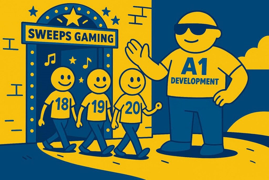 A realistic simple representation of three stick figures wearing shirts that say 18, 19, and 20, respectively, being let into a glamorous club by a security guard wearing sunglasses and a shirt that says A1 Development using a vibrant yellow, blue, and white color scheme inspired by a cartoon-style design.