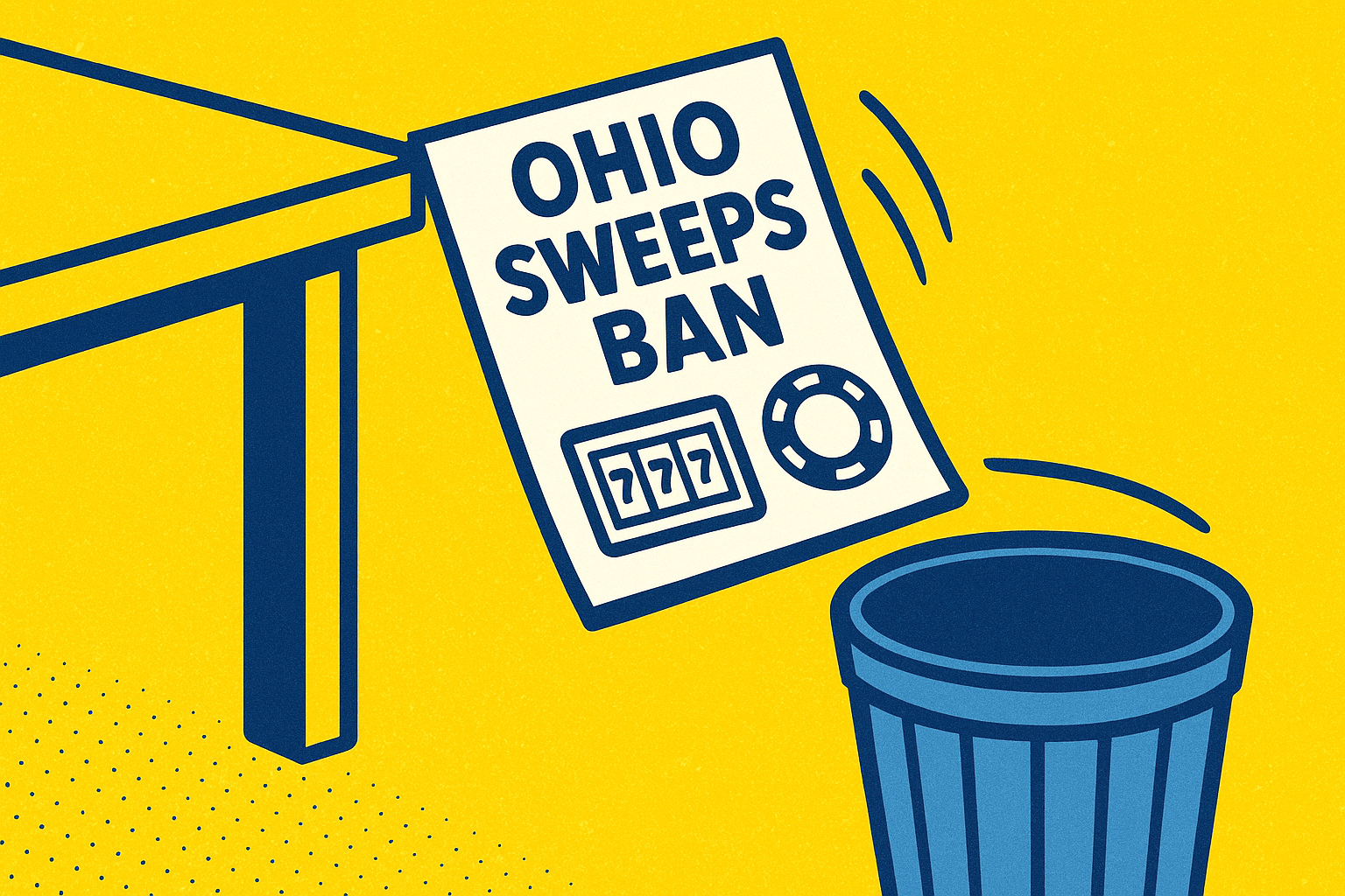 A realistic simple representation of a document that says OHIO SWEEPS BAN falling off of a table and down toward a trash can using a vibrant yellow, blue, and white color scheme inspired by a cartoon-style design.