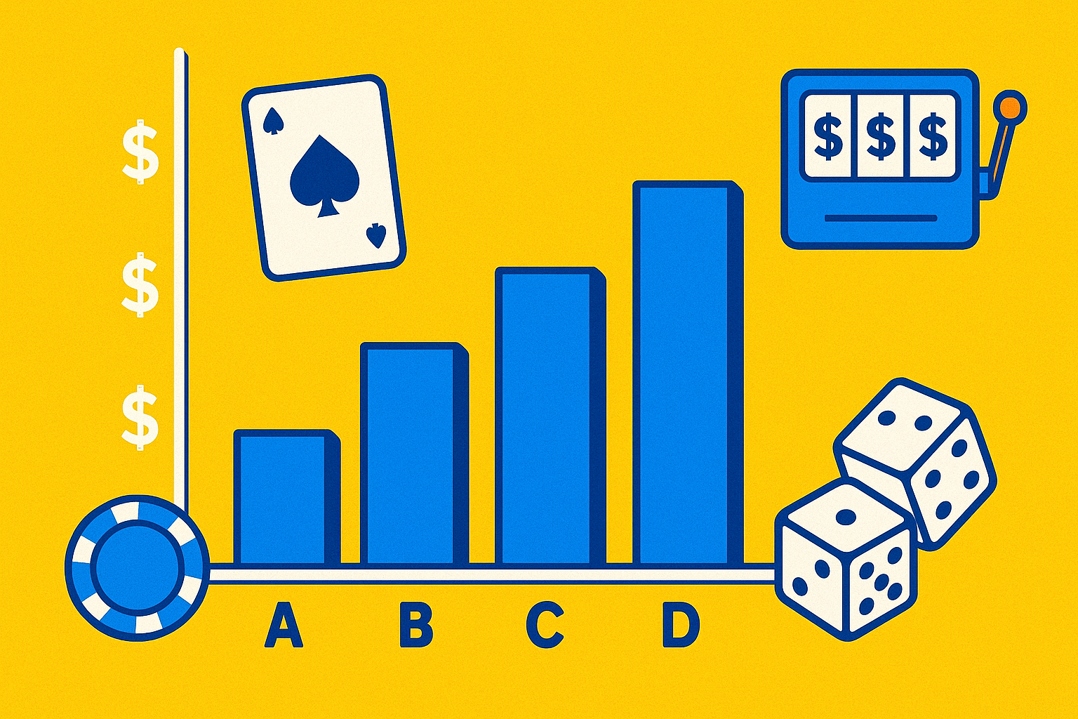 A realistic simple representation of a bar graph with four bars — labeled as A, B, C, D — of varying heights, and the Y axis shows dollar signs, using a vibrant yellow, blue, and white color scheme inspired by a cartoon-style design. There are also online casino symbols.