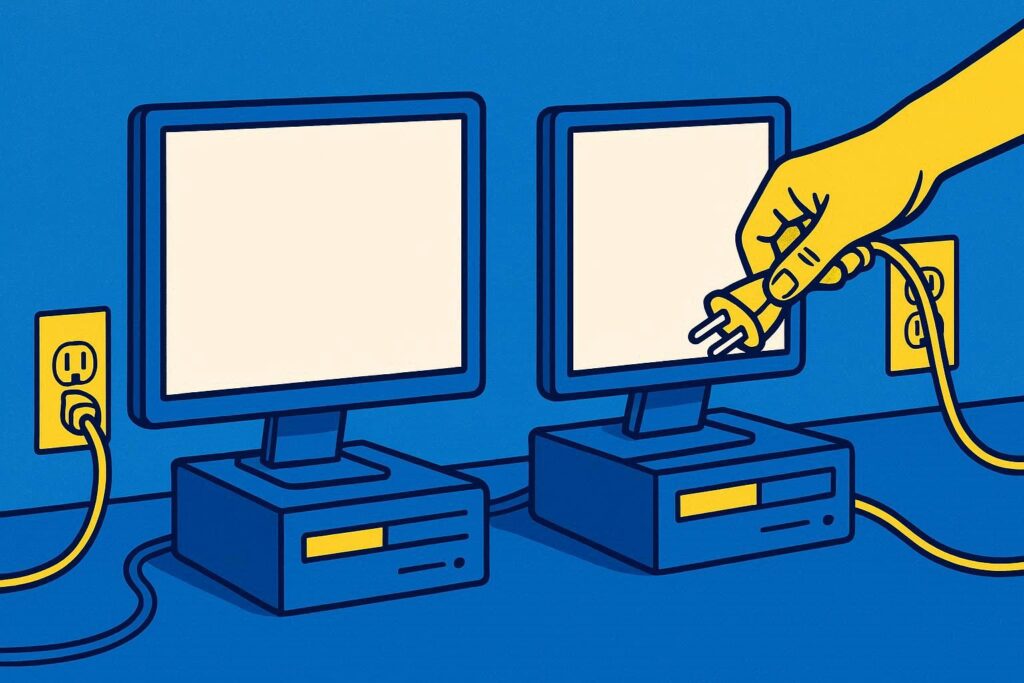 A realistic simple representation of two computers showing blank screens and we can see a hand pulling plugs connected to each computer out of outlets on the wall using a vibrant blue, yellow, and white color scheme inspired by a cartoon-style design.