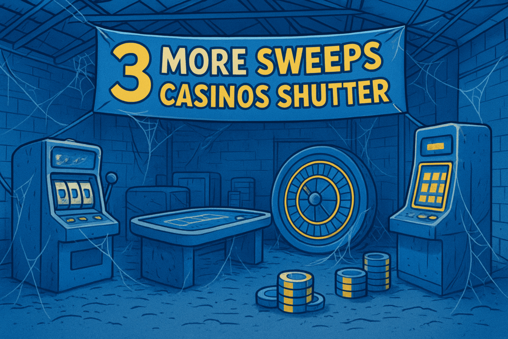 A realistic simple representation of an abandoned warehouse of casino equipment covered in dust and cobwebs, and inside there's a banner that says 3 MORE SWEEPS CASINOS SHUTTER, using a vibrant blue, yellow, and white color scheme inspired by a cartoon-style design.