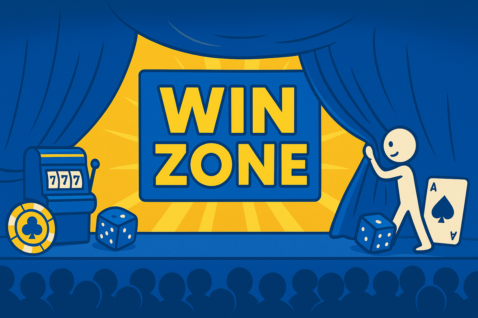 A realistic simple representation of the words WIN ZONE being unveiled in spectacular fashion on a stage with a large crowd watching using a vibrant blue, yellow, and white color scheme inspired by a cartoon-style design.