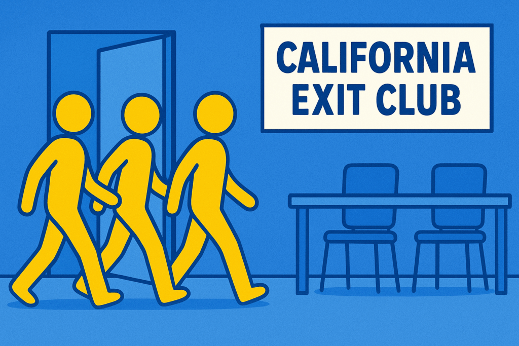 A realistic simple representation of three stick figures walking into meeting that has a banner saying CALIFORNIA EXIT CLUB hanging somewhere in the room using a vibrant blue, yellow, and white color scheme inspired by a cartoon-style design.