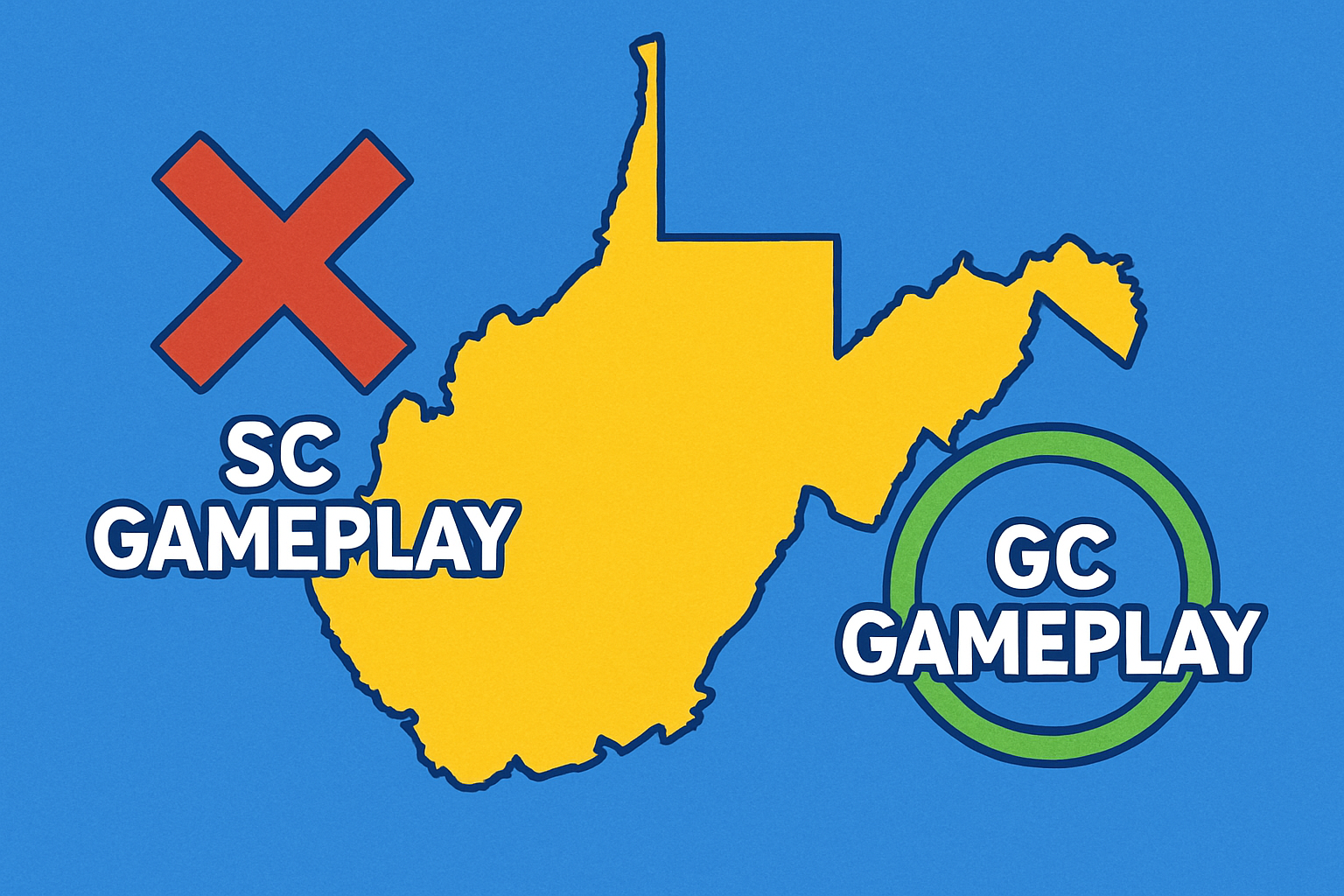 A realistic simple representation of a red X through the words SC GAMEPLAY next to a green circle around the words GC GAMEPLAY and both are above a representation of West Virginia using a vibrant blue, yellow, and white color scheme inspired by a cartoon-style design.