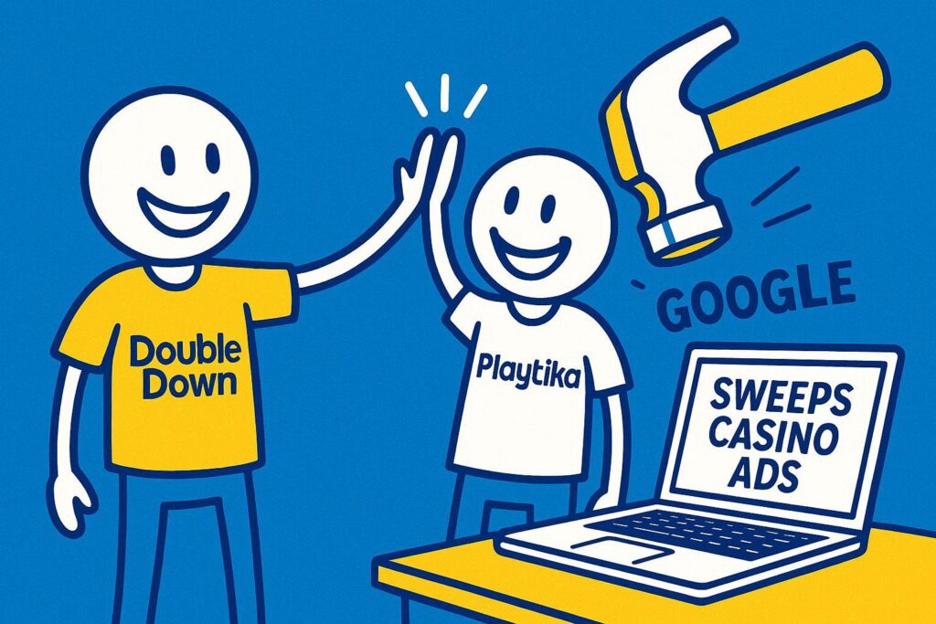 A realistic simple representation of two smiling stick figures wearing DOUBLEDOWN and PLAYTIKA shirts smiling and high-fiving as they look at a hammer labeled GOOGLE about to smash a laptop computer labeled SWEEPS CASINO ADS using a vibrant blue, yellow, and white color scheme inspired by a cartoon-style design.