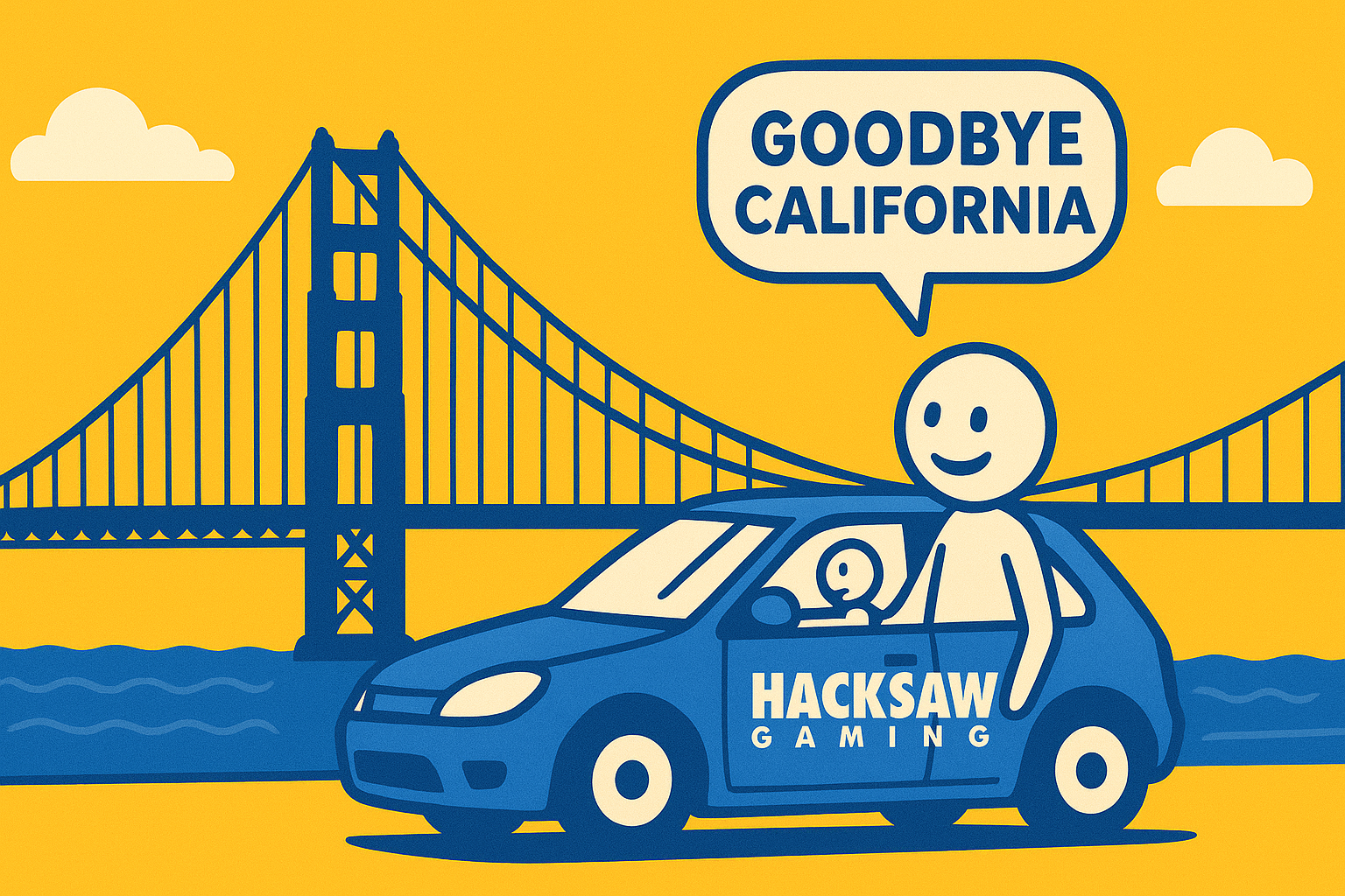 A realistic simple representation of a car driving across the Golden Gate Bridge with the Hacksaw Gaming logo on the side of the car and a stick figure driving the car with a speech bubble that says "GOODBYE CALIFORNIA" above them using a vibrant yellow, blue, and white color scheme inspired by a cartoon-style design.